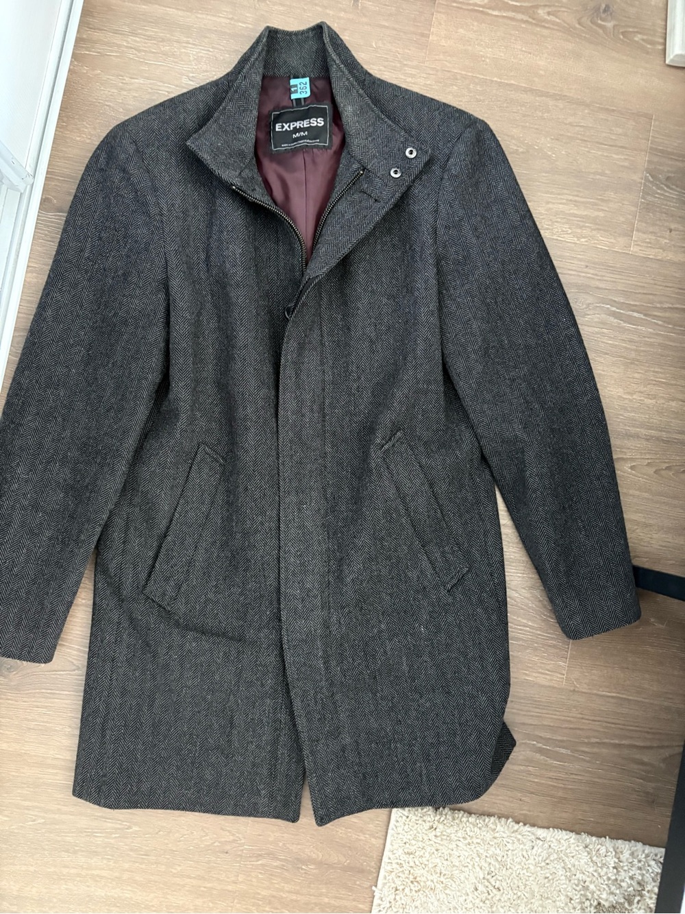 Express Men’s Charcoal Herringbone Pea Coat - Gray